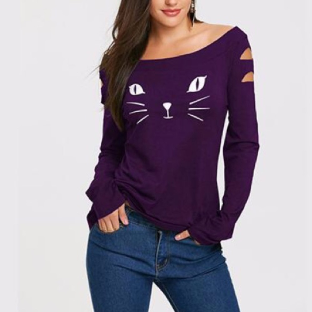😻CAT FACE | RIPPED | LONG SLEEVE T-SHIRT - Picture 1 of 4